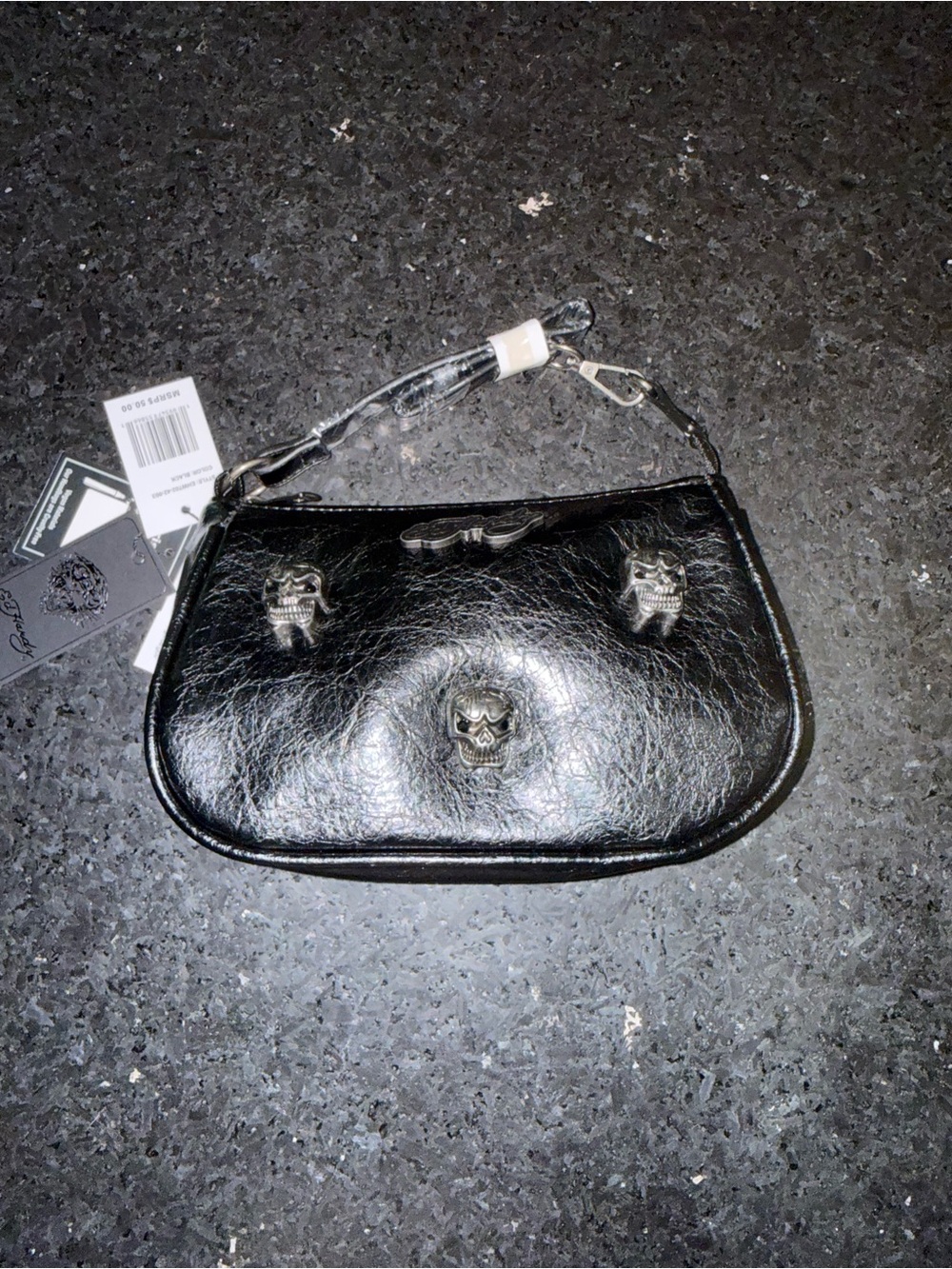 NEW Ed Hardy Black Chuncky Skull Embellished Accent Shoulder or Wristlet Bag